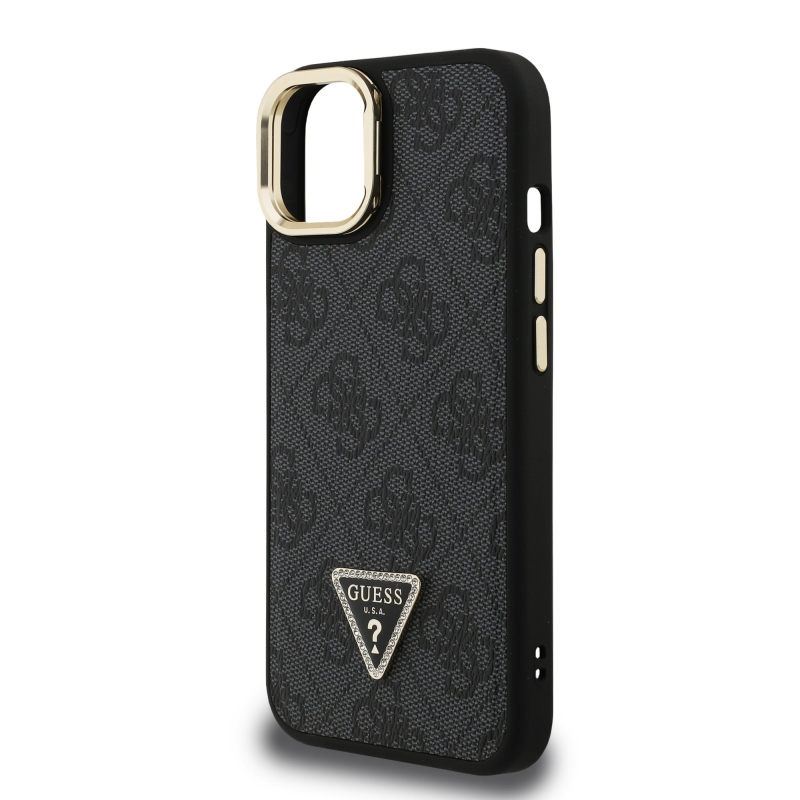Guess PU 4G Strass Triangle Logo Stand Camera Frame MagSafe Zadný Kryt pre iPhone 14 Black