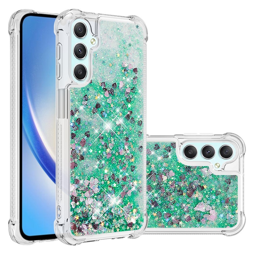 Glitter presýpacie gélový obal na Samsung Galaxy A24 - zelený/srdiečka 