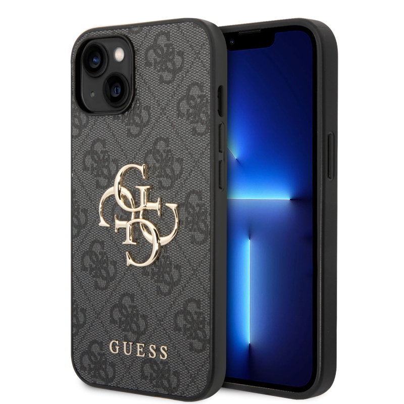 Guess PU 4G Metal Logo Zadný Kryt pre iPhone 15 Grey