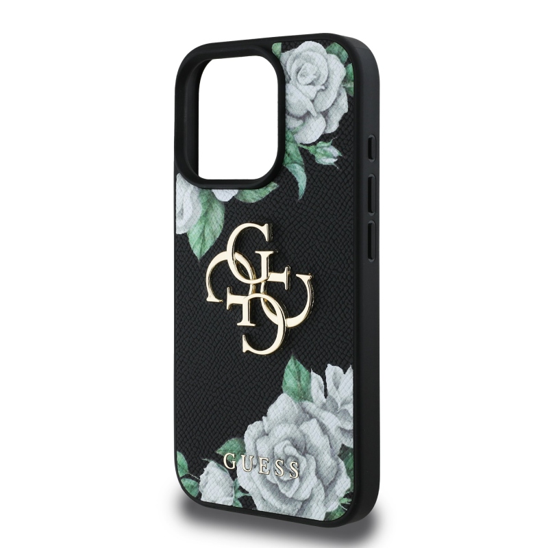 Guess PU Grained Roses 4G Metal Logo Zadný Kryt pre iPhone 16 Pro Black