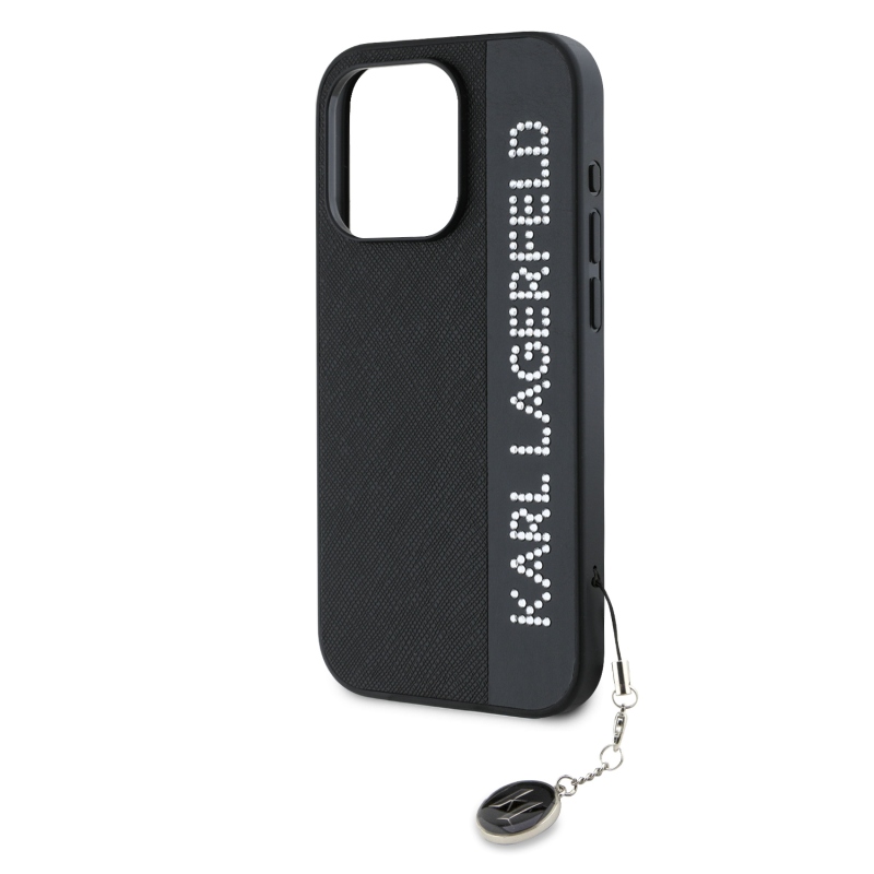 Karl Lagerfeld PU Saffiano Rhinestone Charm Zadný Kryt pre iPhone 15 Pro Max Black