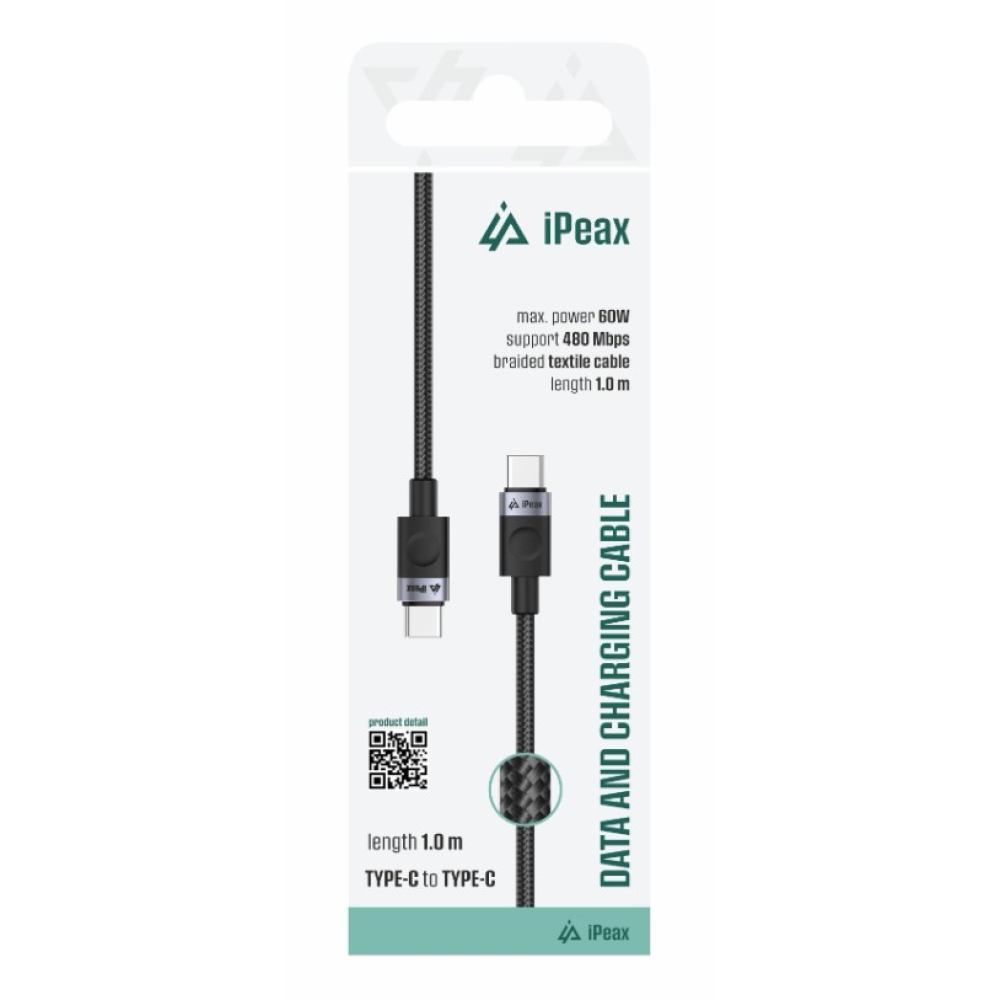 iPEAX textilný kábel USB-C/USB-C 1 m, USB 2.0 - čierny