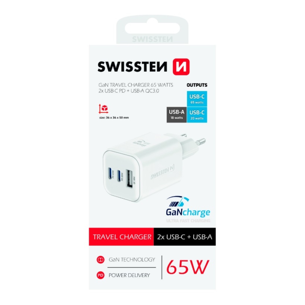 Nabíjačka Swissten GaN 2x USB-C 65W PD + 1x USB-A 18W QC - biela