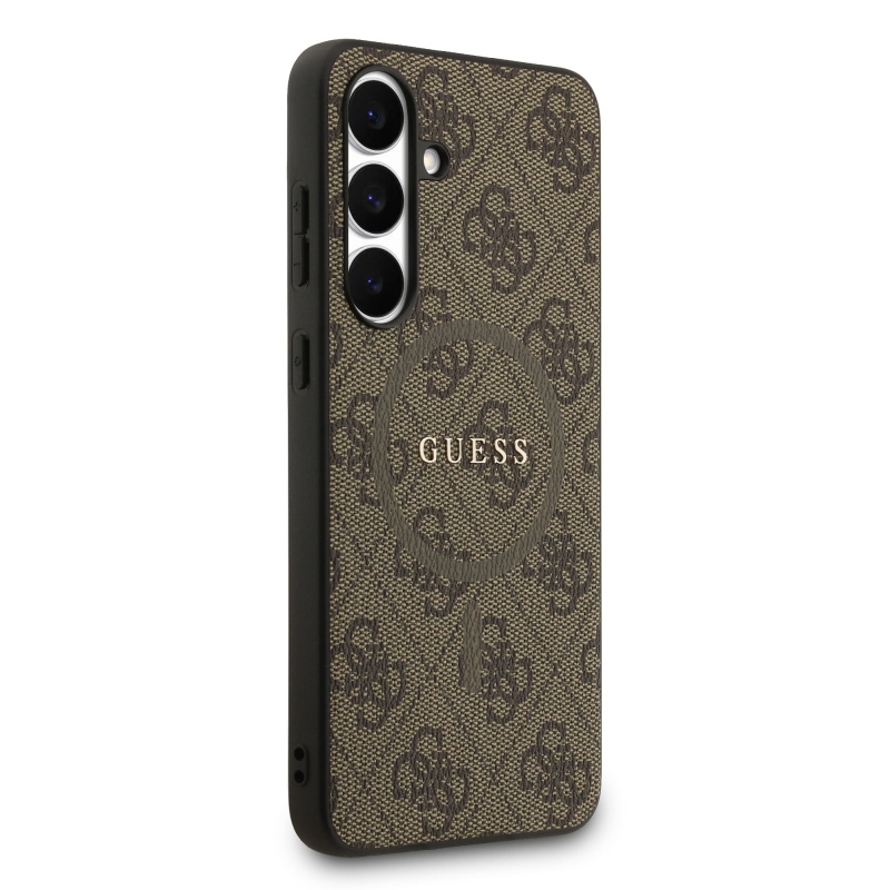 Guess PU kožený zadný kryt 4G Colored Ring MagSafe pre Samsung Galaxy S25 FE Brown