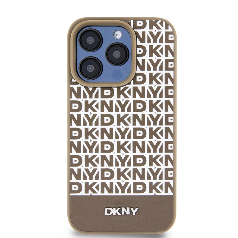 DKNY PU Leather Repeat Pattern Bottom Stripe MagSafe Zadný Kryt pre iPhone 15 Pro Brown