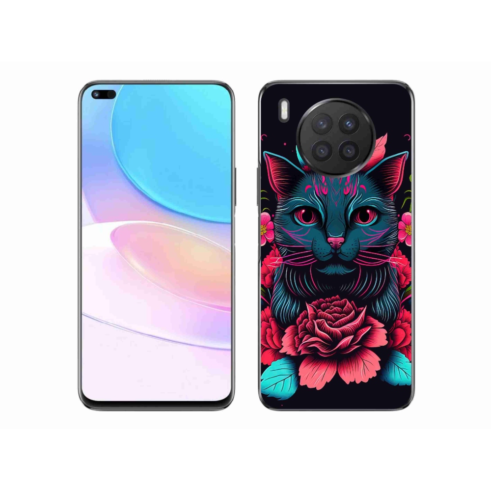 Gelový kryt mmCase na Huawei Nova 8i - květiny a kočka