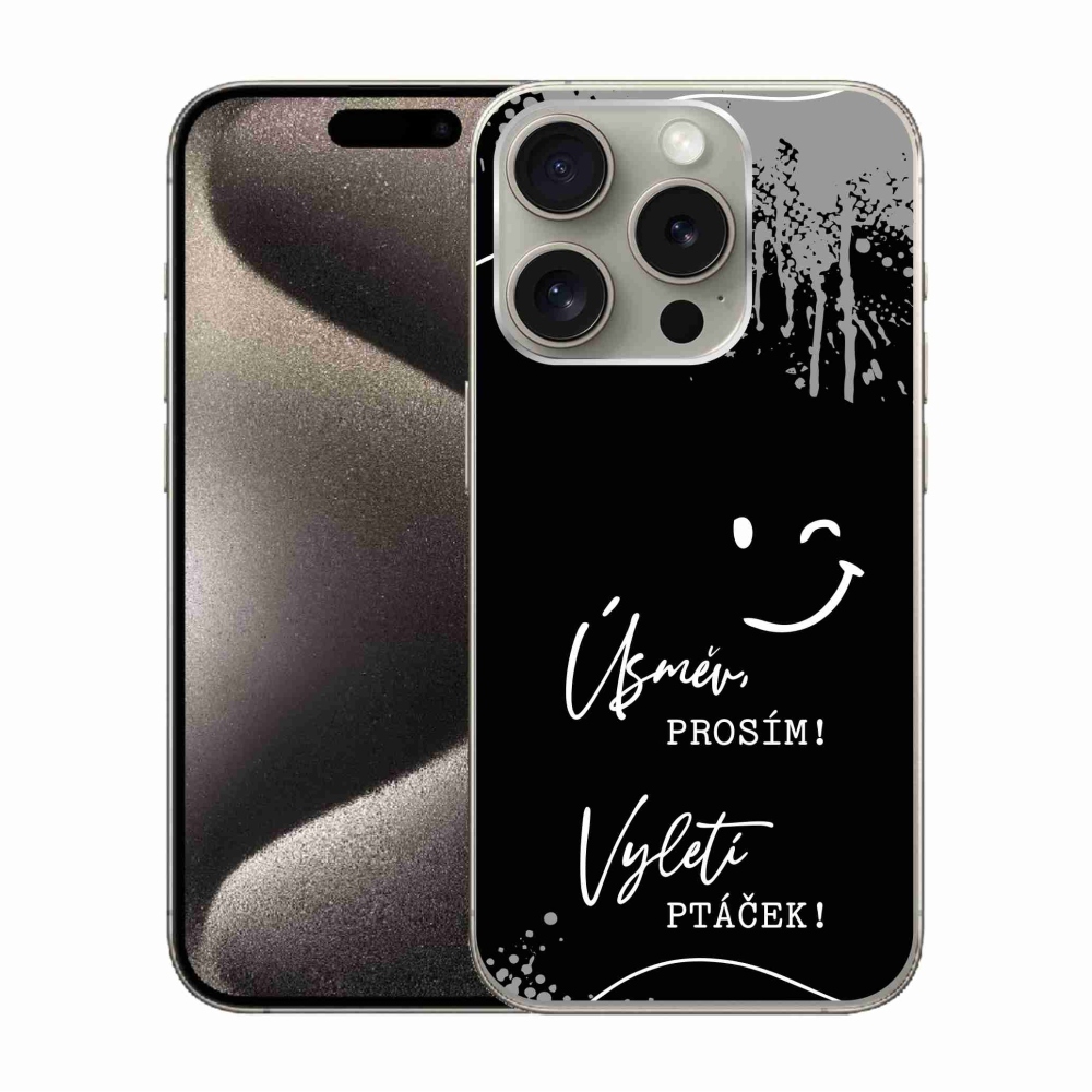 Gélový kryt mmCase na iPhone 15 Pro - vtipný text 4 čierne pozadie