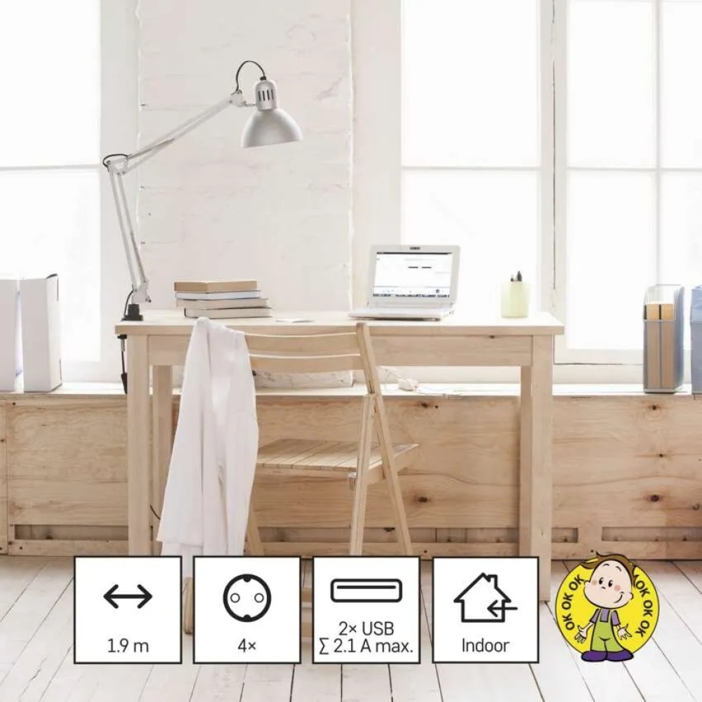 Predlžovací kábel - kocka 1,9 m / 4 zásuvky / biely / PVC / s USB / 1,5 mm2