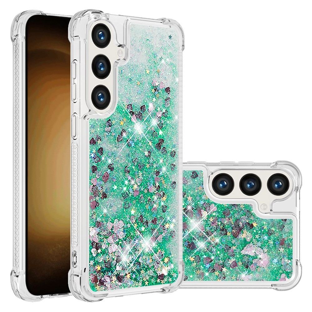 Glitter presýpací gélový obal na Samsung Galaxy S24 - zelený/srdiečka