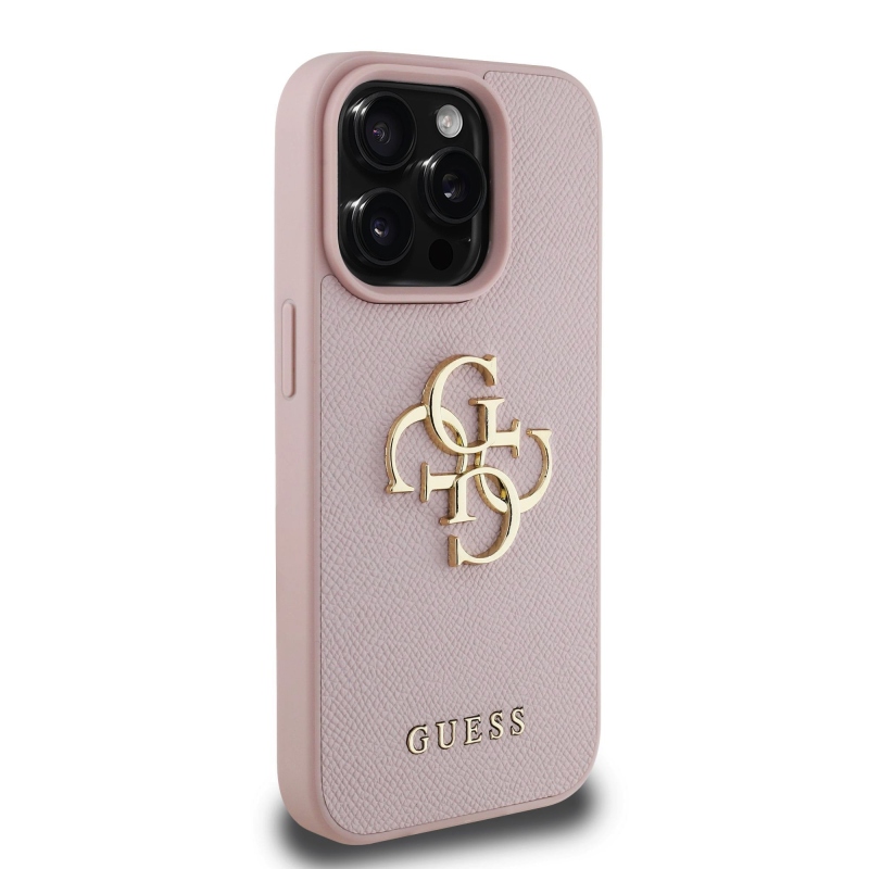 Guess PU Grained 4G Metal Logo Zadný Kryt pre iPhone 15 Pro Pink