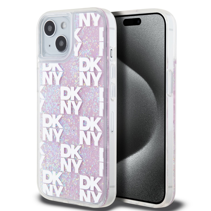 DKNY Liquid Glitter Checkered Pattern Zadný Kryt pre iPhone 15 Pink