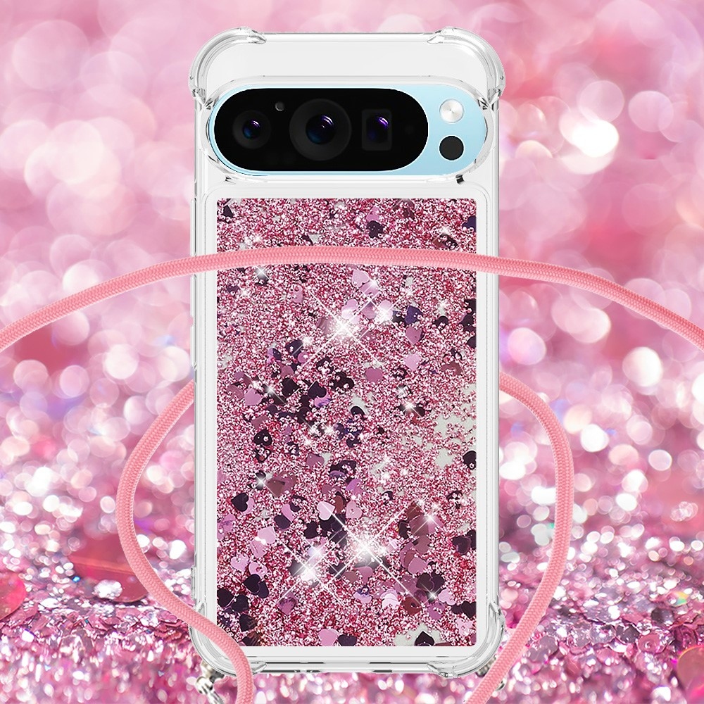 Glitters presýpací gélový obal so šnúrkou na Google Pixel 10 Pro/Pixel 10 - ružovozlatý/srdiečka