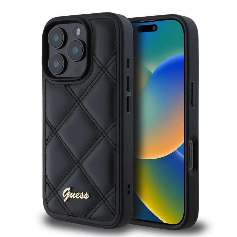 Guess PU Leather Quilted Zadný Kryt pre iPhone 16 Pro Black