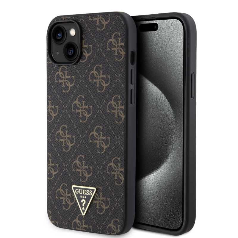 Guess PU 4G Triangle Metal Logo Zadný kryt pre iPhone 15 Plus Black