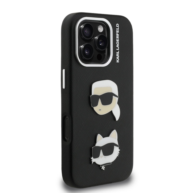 Karl Lagerfeld Grained PU K&CH Heads Zadný Kryt pre iPhone 16 Pro Black