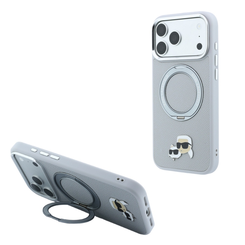 Karl Lagerfeld PU Grained K&CH Heads Ring Stand Magsafe zadný kryt pre iPhone 18 Pro Max, sivý