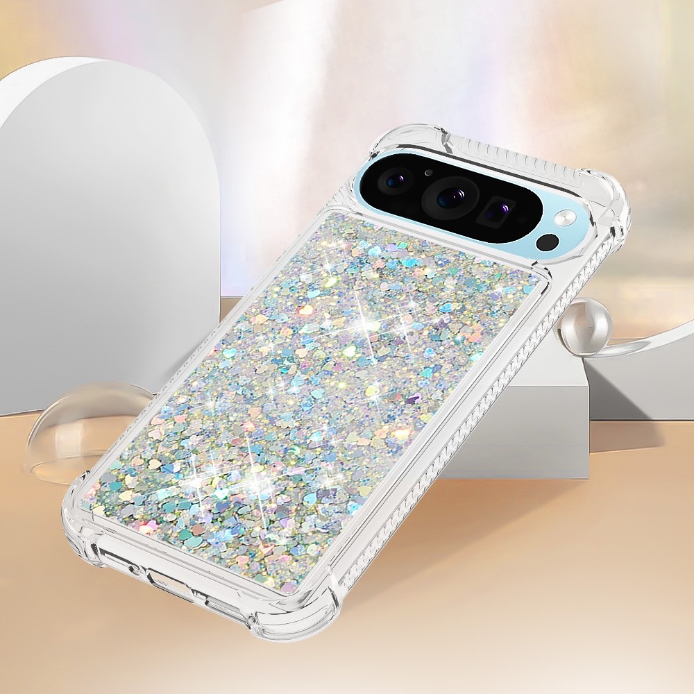 Glitter presýpací gélový obal na Google Pixel 10 Pro/Pixel 10 - strieborný/srdiečka