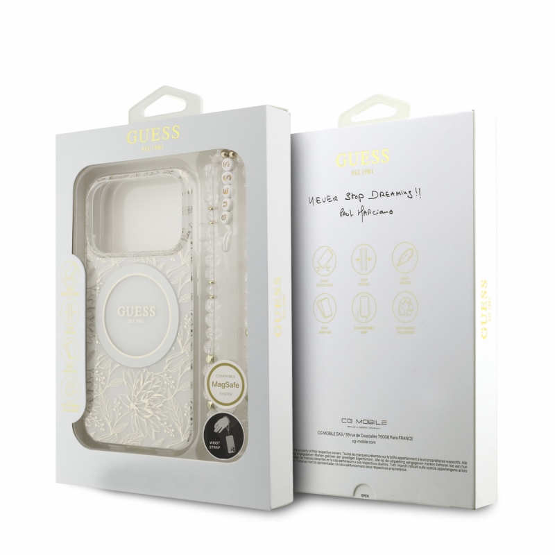 Guess IML Flowers Allover Strap MagSafe zadný kryt pre iPhone 18 Pro, biely