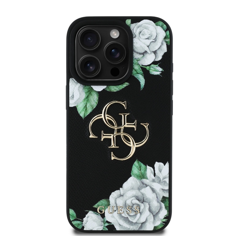 Guess PU Grained Roses 4G Metal Logo Zadný Kryt pre iPhone 16 Pro Black