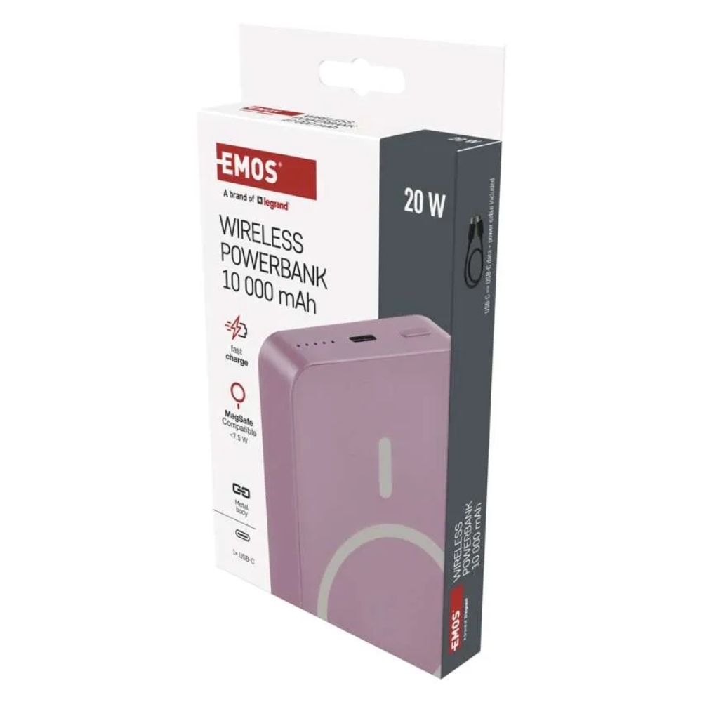 Powerbanka EMOS WI 1046, 10 000 mAh, 20 W+Wireless - lososová