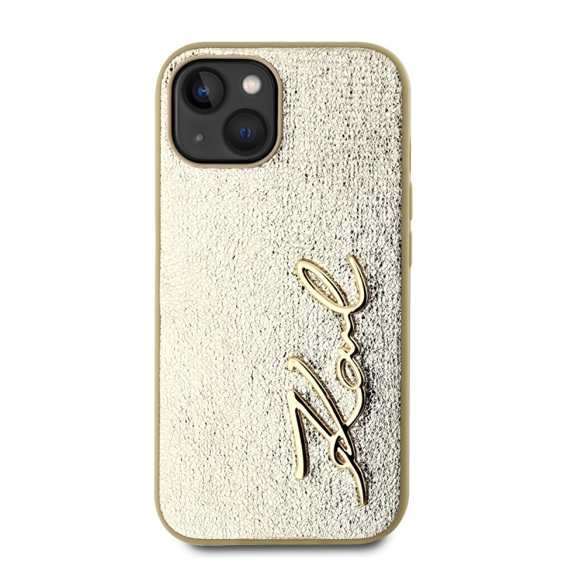 Karl Lagerfeld Wrinkled PU Signature Logo Zadný Kryt pre iPhone 14 Gold