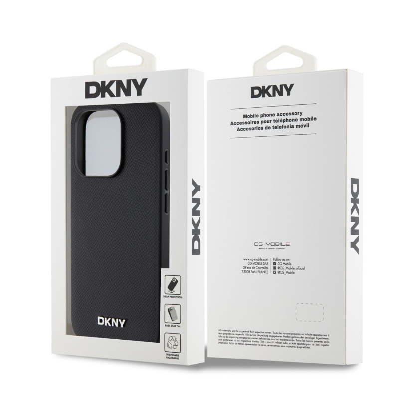 DKNY PU Leather Silver Metal Logo Magsafe Zadný Kryt pre iPhone 15 Pro Black