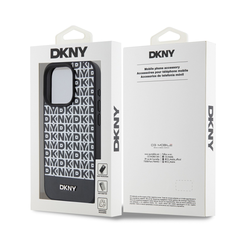 DKNY PU Leather Repeat Pattern Bottom Stripe MagSafe Zadný Kryt pre iPhone 14 Pro Black