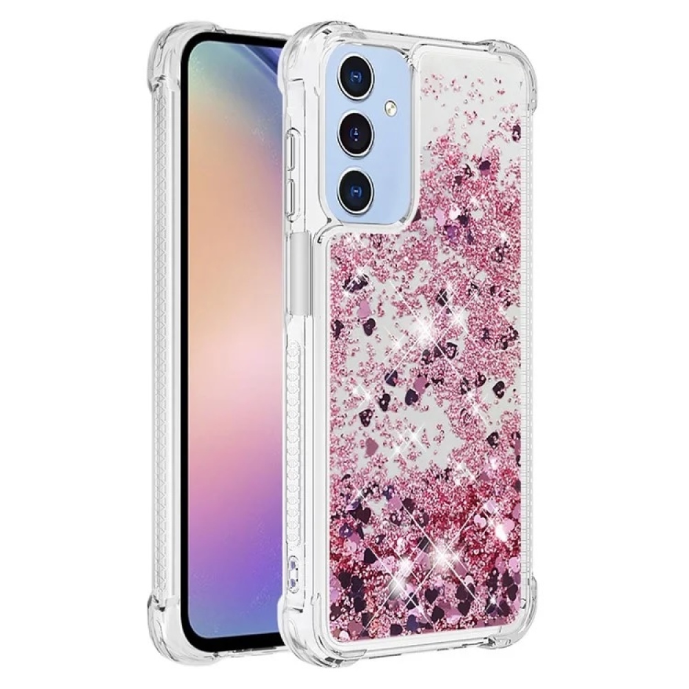 Glitter gélový presýpací obal na Samsung Galaxy A15 4G/5G - ružovozlatý/srdiečka