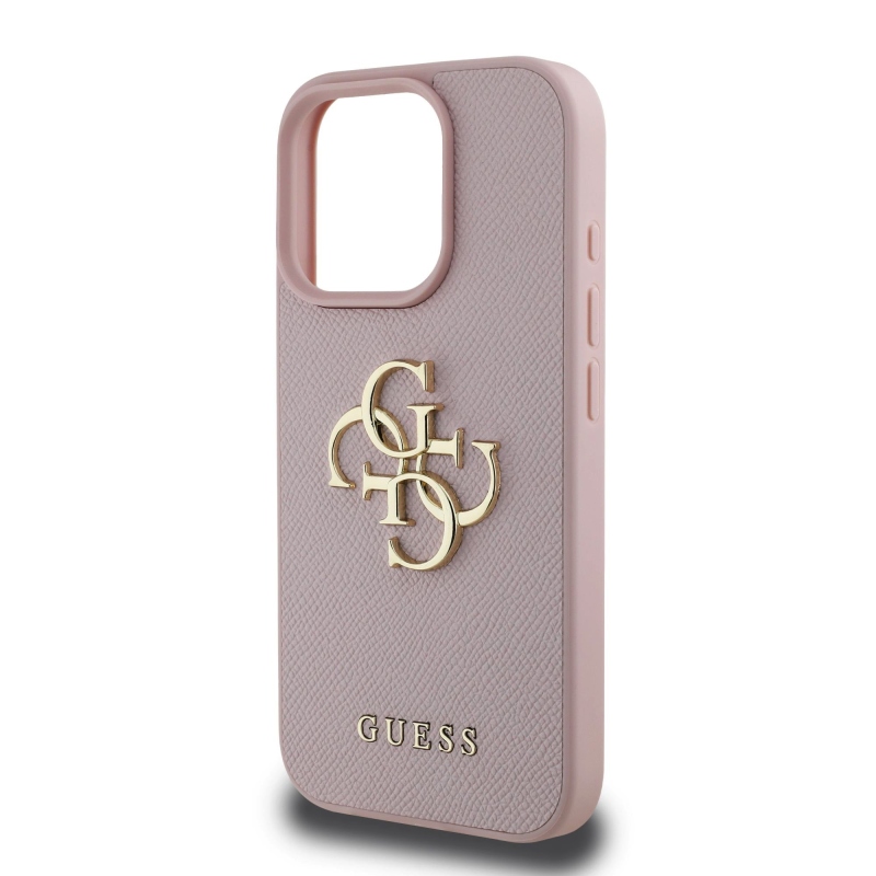 Guess PU Grained 4G Metal Logo Zadný Kryt pre iPhone 15 Pro Pink