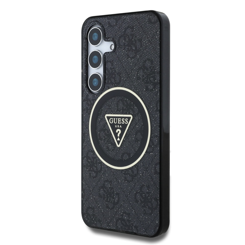 Guess IML 4G Glitter and Triangle Logo MagSafe Zadný Kryt pre Samsung Galaxy S25 Black