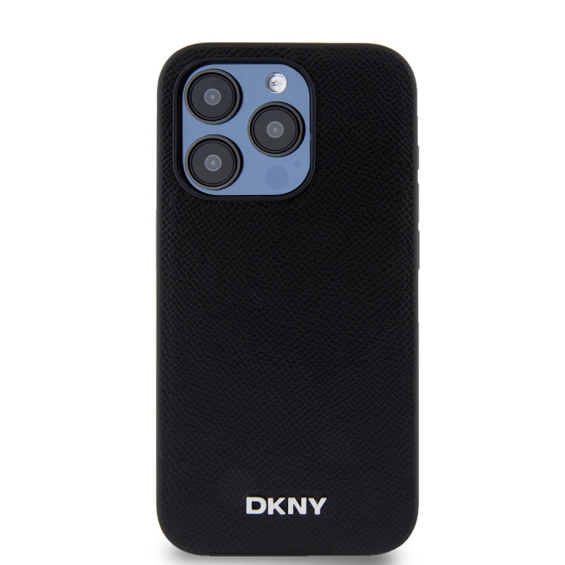 DKNY PU Leather Silver Metal Logo Magsafe Zadný Kryt pre iPhone 15 Pro Max Black