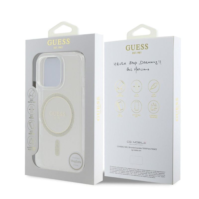 Guess IML Glitter Ring MagSafe Zadný Kryt pre iPhone 16 Pro Transparent