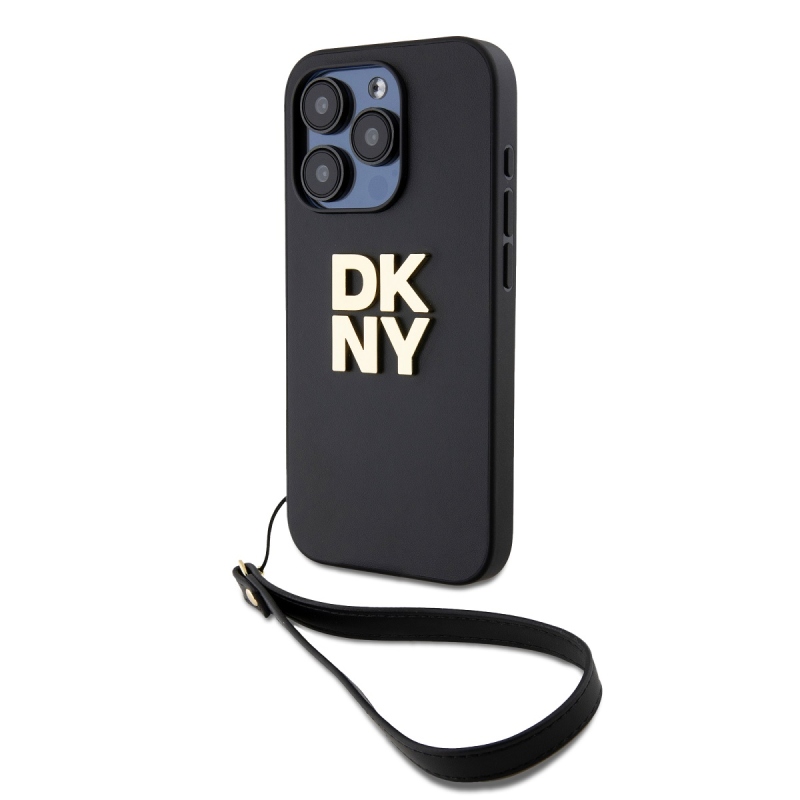 DKNY PU Leather Stack Logo Wrist Strap Zadný Kryt pre iPhone 15 Pro Black