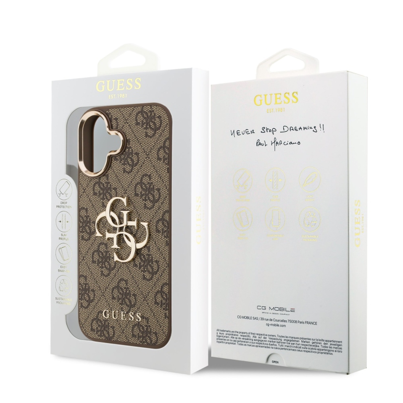 Guess PU kožený 4G kovové logo Gold Frame zadný kryt pre iPhone 17 Brown