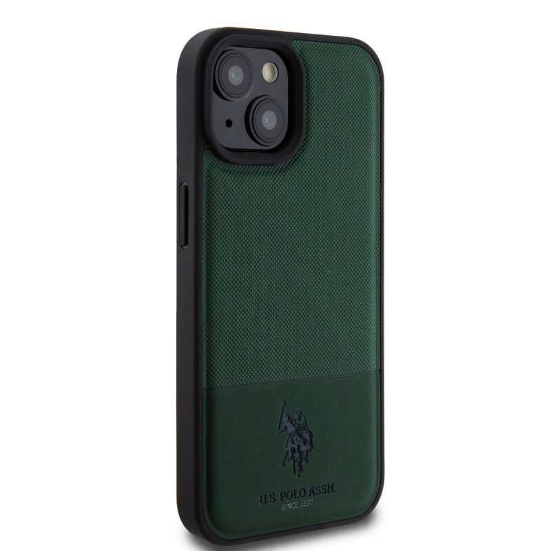 U.S. Polo PU Leather Mesh Pattern Double Horse Zadný Kryt pre iPhone 15 Green