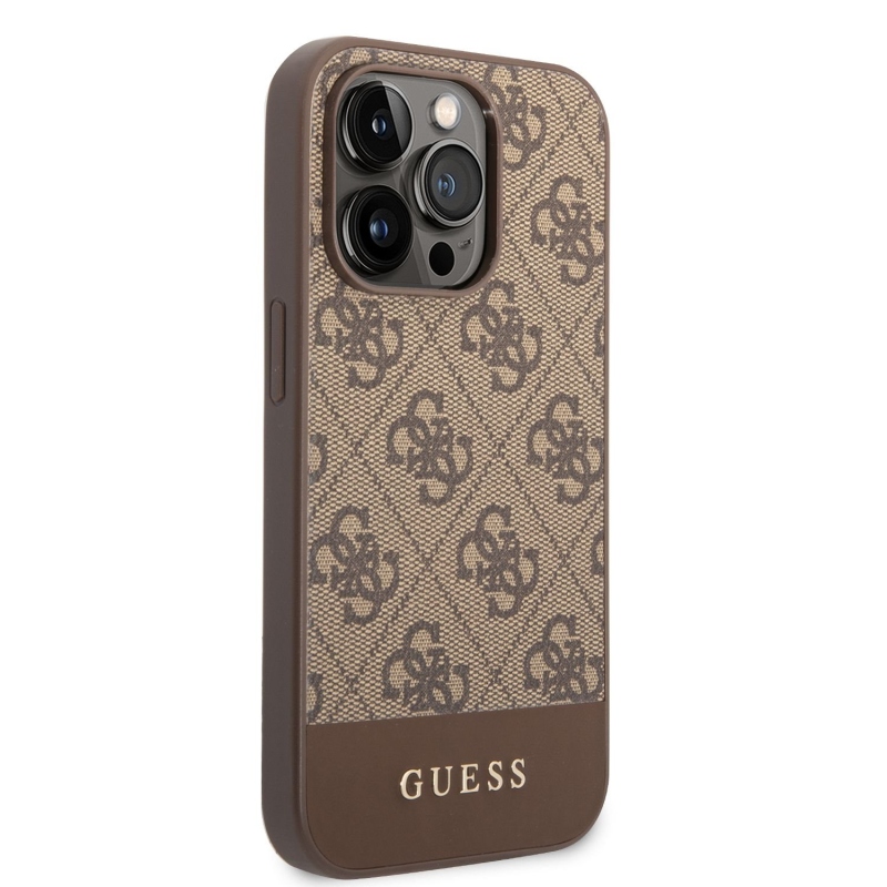 Guess PU 4G Stripe Zadný Kryt pre iPhone 14 Pro Brown