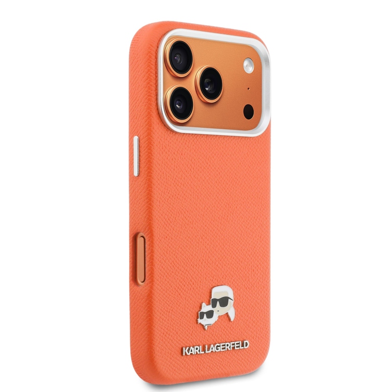 Karl Lagerfeld PU Karl and Choupette Heads Pins MagSafe zadný kryt pre iPhone 17 Pro Max Orange