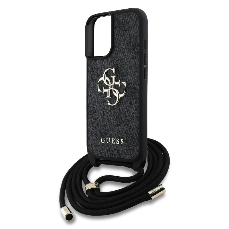 Guess PU 4G Kovové logo Crossbody Strap Zadný kryt pre iPhone 16 Black