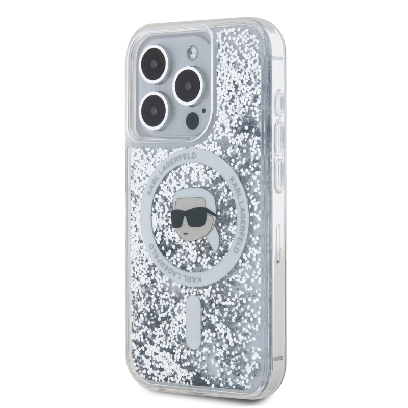 Karl Lagerfeld Liquid Glitter Karl Head MagSafe Zadný Kryt pre iPhone 15 Pro Max Transparent