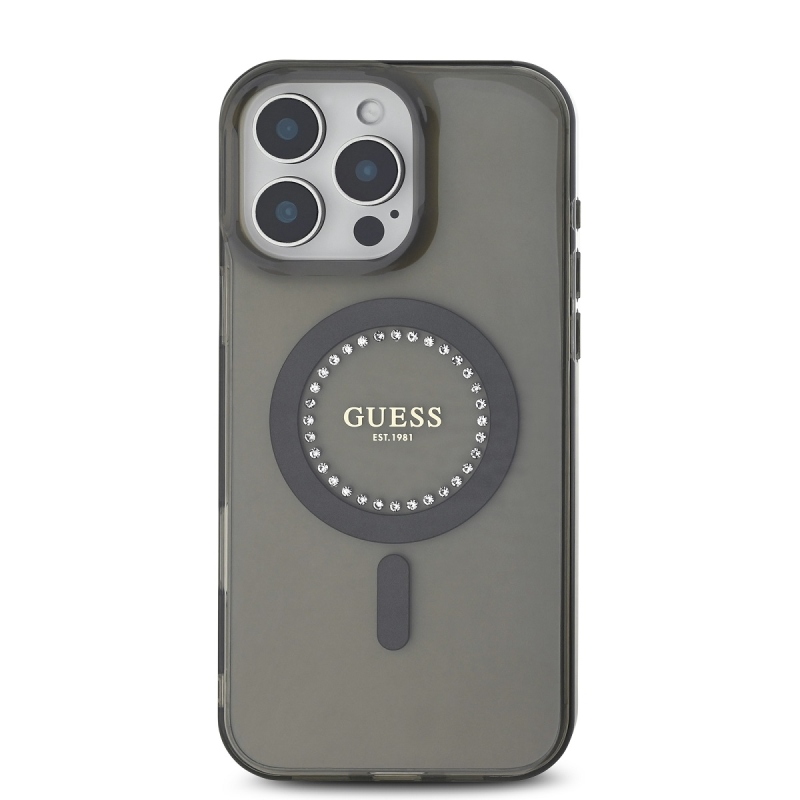 Guess IML Rhinestones Ring MagSafe Zadný Kryt pre iPhone 16 Pro Max Black