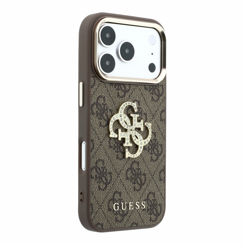 Guess PU 4G Strass Metal Logo zadný kryt pre iPhone 18 Pro, hnedý