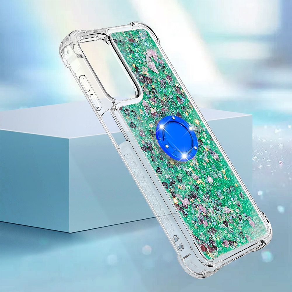 Glitt presýpací gélový obal s krúžkom na prst na Samsung Galaxy A17 5G - zelený/srdiečka