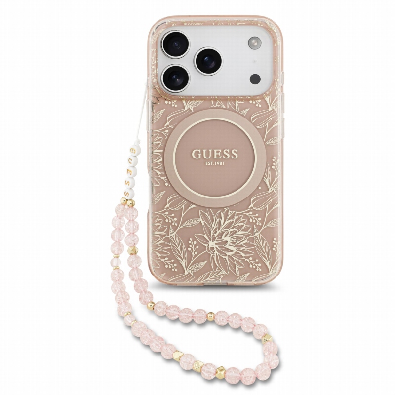 Guess IML Flowers Allover Strap MagSafe zadný kryt pre iPhone 18 Pro, ružový