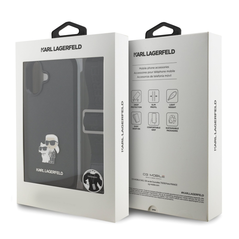 Karl Lagerfeld Saffiano Crossbody Strap Metal Karl and Choupette Zadný kryt pre iPhone 17 Black