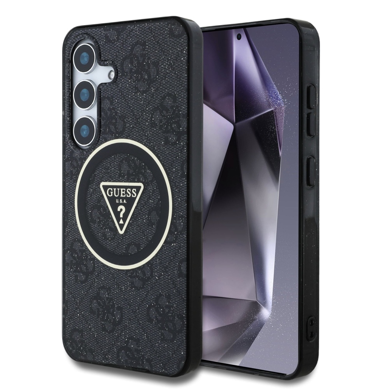 Guess IML 4G Glitter and Triangle Logo MagSafe Zadný Kryt pre Samsung Galaxy S25 Black