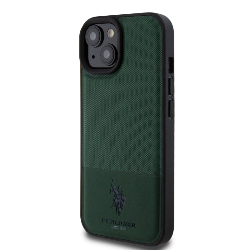 U.S. Polo PU Leather Mesh Pattern Double Horse Zadný Kryt pre iPhone 15 Green