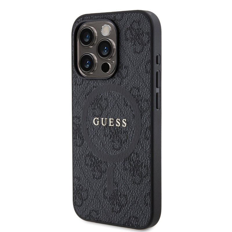 Guess PU Leather 4G Colored Ring MagSafe Zadný Kryt pre iPhone 15 Pro Black