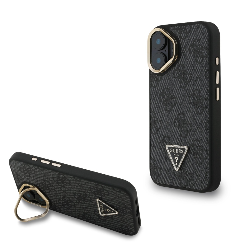 Guess PU 4G Strass Triangle Logo Stand Camera Frame MagSafe Zadný Kryt pre iPhone 16 Black