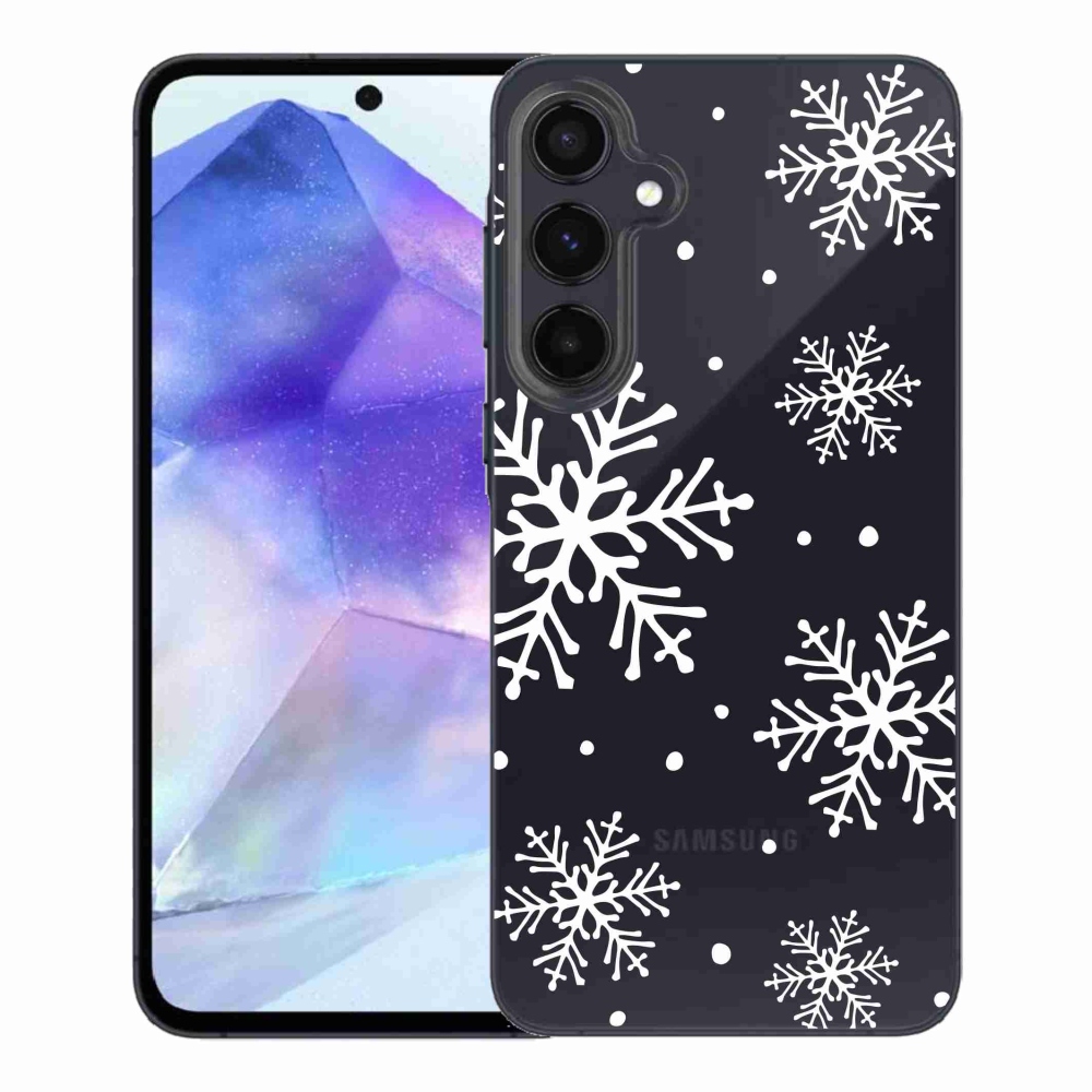 Gélový kryt mmCase na Samsung Galaxy A55 5G - biele vločky na priehľadnom pozadí