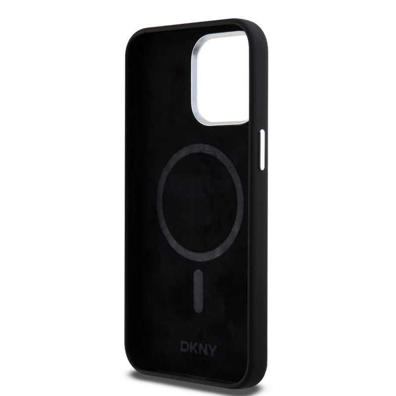 DKNY Liquid Silicone Silver Metal Logo Magsafe Zadný Kryt pre iPhone 15 Pro Max Black